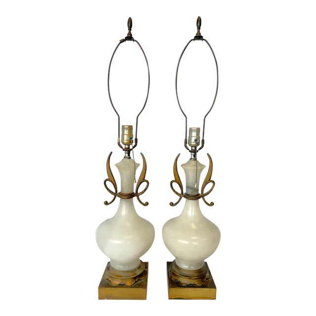 Antique Art Deco/ Hollywood Regency Style Alabaster Table Lamps With Bronze Figureheads- A Pair For Sale