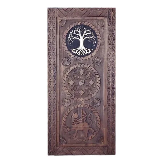 Hand-Carved Solid Wood Barn Door With Tree of Life & Mythological Griffin Motifs – Artisan Entry Door For Sale