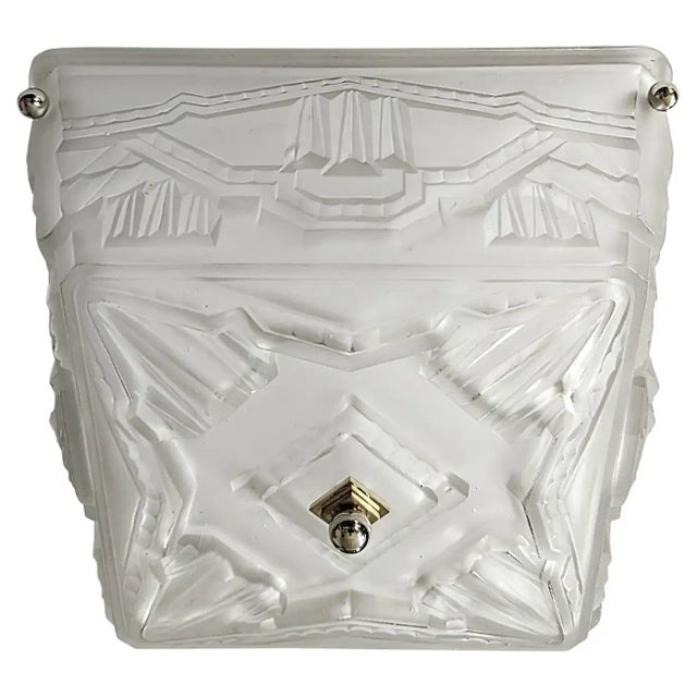 French Art Deco square shaped flush mount created by "Marius Ernest SABINO" (1878-1961). The shade is enhanced by typical...