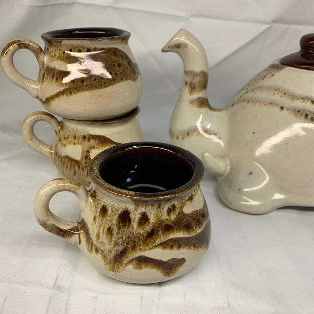 1970s Vintage C. 1970s Handmade Stoneware Elephant Tea Set With Sugar Bowl, Brown and Cream Glaze - Set of 8 For Sale - Image 5 of 10