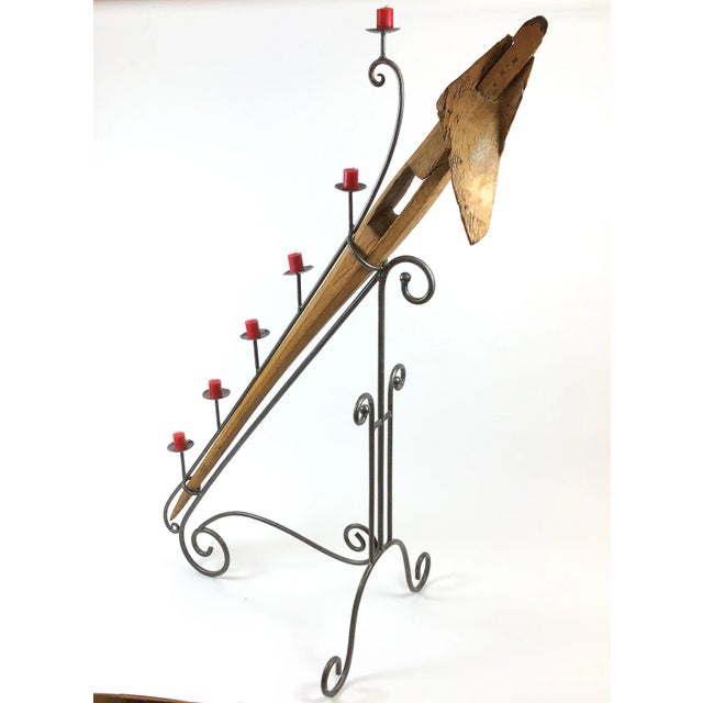 Large Antique Artisan Wooden Plow Sculpture Candle Holder For Sale - Image 4 of 13