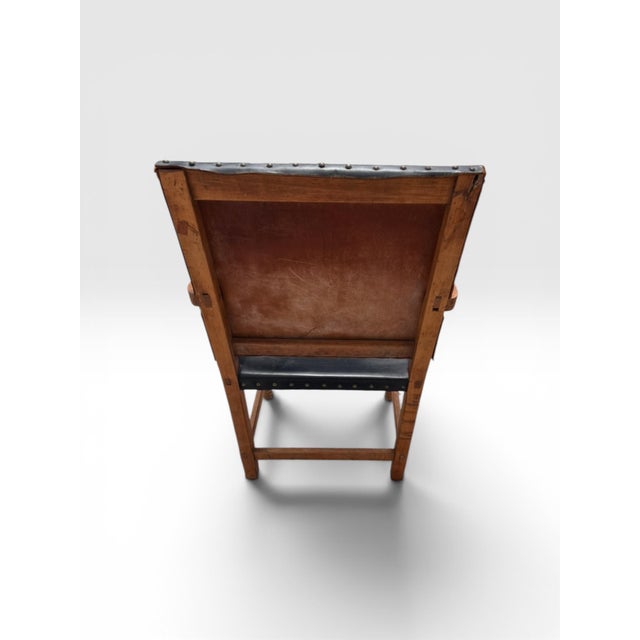 Wood Antique Arts & Crafts Oak Library Armchair With Black Leather For Sale - Image 7 of 11