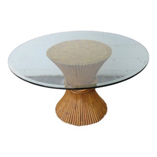 Round Glass Top Sheaf of Wheat Bamboo Rattan Dinette Dining Table For Sale