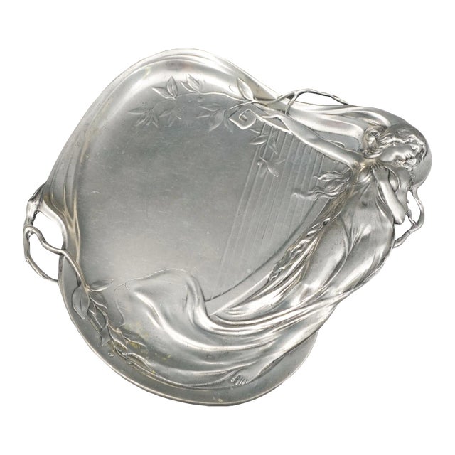 Antique Achille Gamba Art Nouveau Maiden & Harp 1155 Pewter Tray Plate For Sale