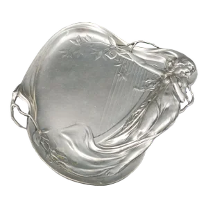 Antique Achille Gamba Art Nouveau Maiden & Harp 1155 Pewter Tray Plate