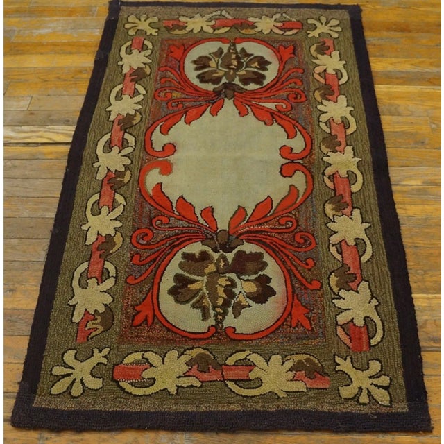 Textile 1930s Rare Antique Artistic Art Nouveau Design American Hooked Folk Art Rug For Sale - Image 7 of 10