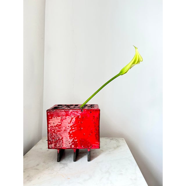 Asian Style Red Ceramic Flower Vase with Floral Insert Holes, 1970s For Sale - Image 3 of 11