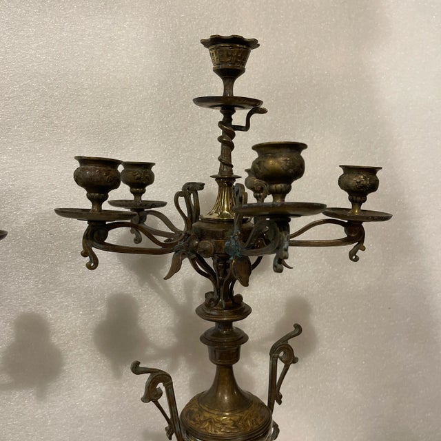 Fine French Art Nouveau Bronze Candelabra on Marble Bases - A Pair For Sale - Image 4 of 7