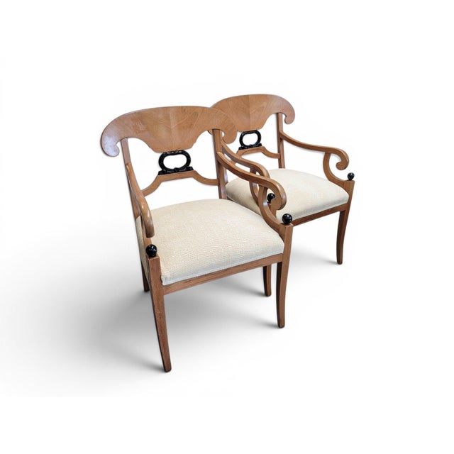Neoclassical Early 20th Century Pair of Biedermeier Style Satinwood and Ebonized Armchairs For Sale - Image 3 of 12