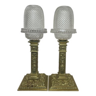 Pair English Victorian Clarke's Cricklite Gilt Bronze Cut Glass Domed Shades Fairy Lamps For Sale
