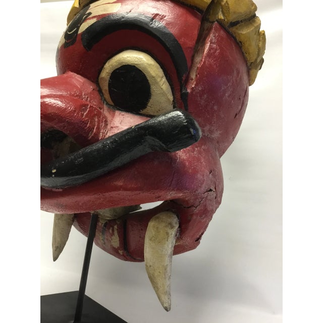 1950s Wooden Mask on Base Red and Yellow For Sale - Image 5 of 11
