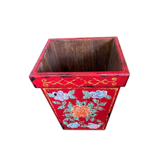 2000 - 2009 Vintage Balinese Hand-Painted Wood Cachepot or Trash Can For Sale - Image 5 of 7