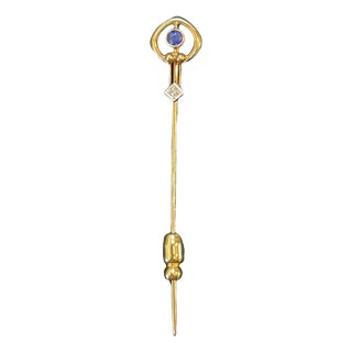 10k Yellow Gold Sapphire and Diamond Stick Pin For Sale
