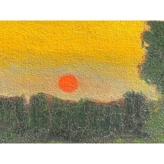 An exceptional early 20th C. American Painting Original oil on canvas - Luminist style sunset landscape across a stream...