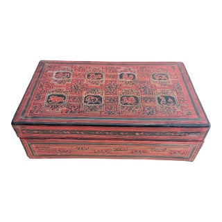 Mid 20th Century Burmese Lacquerware Decorative Box, Hand-Painted Zodiac/Mythical Animal Motif, Large Scale For Sale
