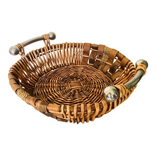 Vintage Rustic European Large Wicker & Rattan Basket With Pewter Handles. For Sale