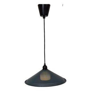 Vintage Pendant Lamp with Perforated Green Metal Shade and White Glass Undershade, 1980s For Sale