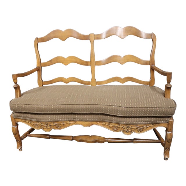 Country French Floral Carved Ladderback Settee For Sale