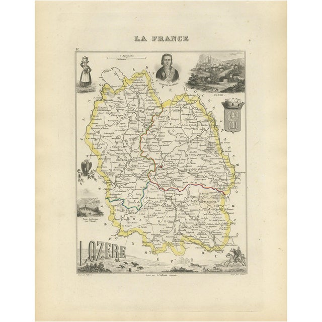 Antique Hand-Colored Map of Lozère in France by Alexandre Vuillemin, 19th Century For Sale