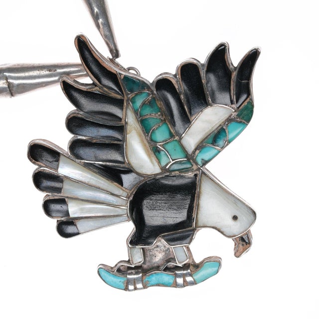 Contemporary Vintage Zuni silver Eagle pendant on beaded necklace For Sale - Image 3 of 10