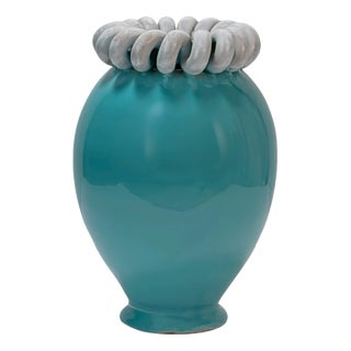 Mid-Century Belgian Turquoise Glazed Ceramic Urn Vase, 1950s For Sale