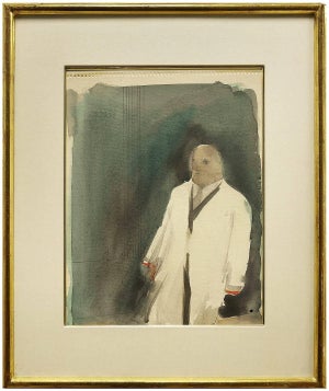 John Dobbs, Man in Raincoat, Vintage Modern Watercolor Painting