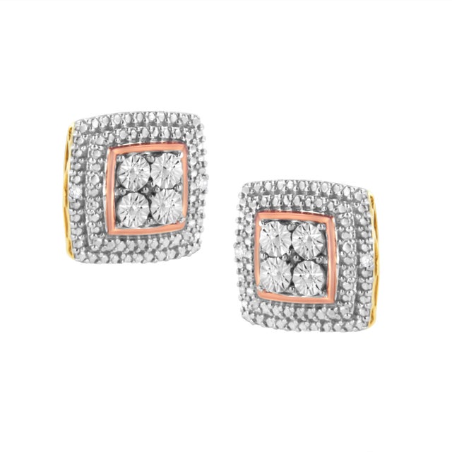 10K Yellow, White, and Rose Gold Plated Sterling Silver Diamond Accent Earrings, A Pair (I-J Clarity, I3 Color) For Sale - Image 4 of 6