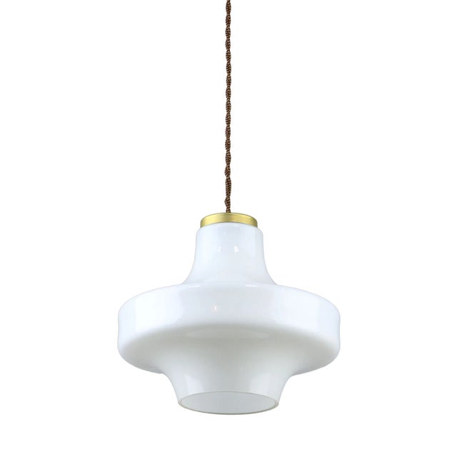 Mid-Century Pendant Lamp in White Glass and Brass For Sale
