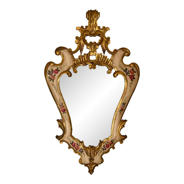 Antique 1920's Italian Giltwood Gold & Bisque Wall Mirror With Hand Painted Wild Flowers For Sale