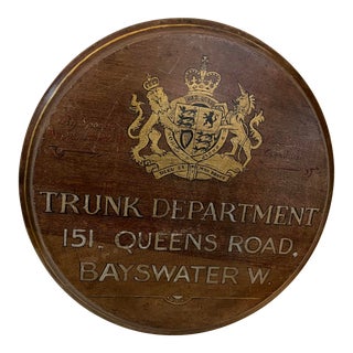 Vintage English Oak Shop Sign Royal Crest Trunk Department in Bayswater London For Sale