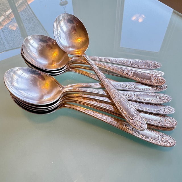 1930s Art Deco Bowl Soup Spoons (Gumbo) Mildred Silverplate, C1936 by National Silver Co 12 Pc Pruistine For Sale - Image 4 of 16