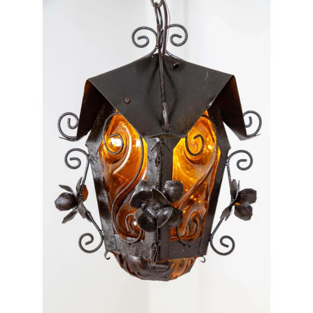 Metal Mid 20th Century Black Birdhouse Lantern With Amber Blown Glass For Sale - Image 7 of 11