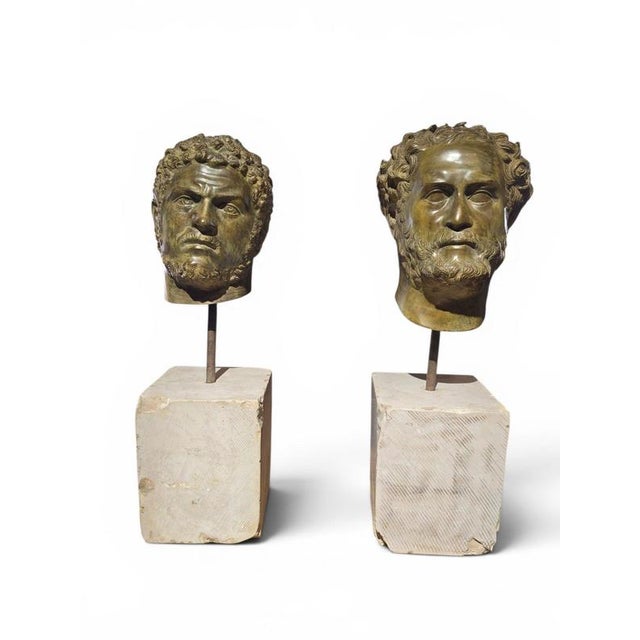 Italian Artist, Pair of L Bronze Roman Emperor Heads on Marble Pedestals, 1950, Bronze For Sale - Image 3 of 11