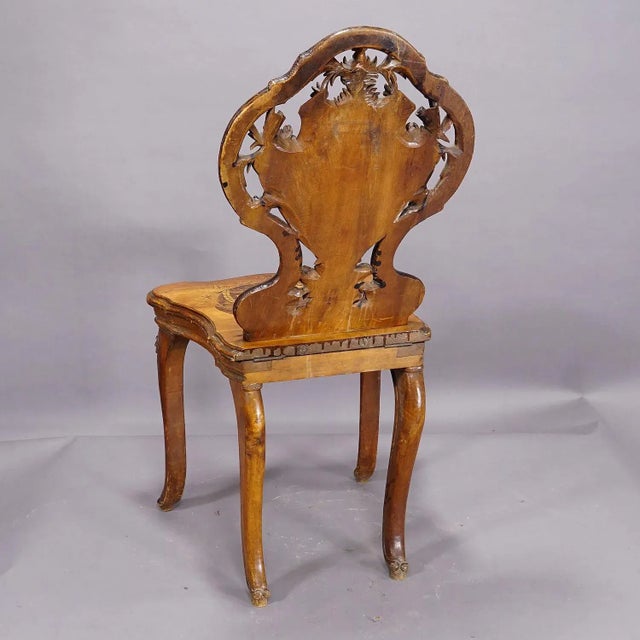Pair Nutwood Edelweis Marquetry Chairs Swiss Brienz 1900 For Sale - Image 9 of 12
