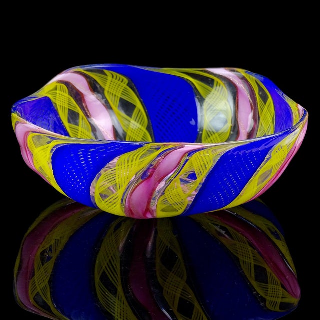 Murano Murano Vintage Cobalt Blue Pink Yellow Zafirico Ribbons Italian Art Glass Trinket Jewelry Ring Dish For Sale - Image 4 of 7