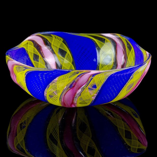 Murano Vintage Murano Cobalt Blue Pink Yellow Zafirico Ribbons Italian Art Glass Trinket Jewelry Ring Dish For Sale - Image 4 of 7