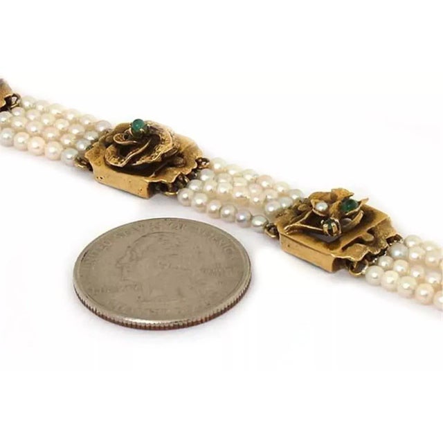 Victorian 14k Gold Pearls Emerald & Garnet Fancy Multi-Strand Bracelet For Sale - Image 4 of 4