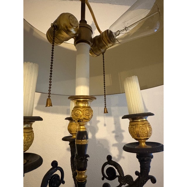 French Louis-Philippe Ormolu Antique Lamp With Tole Shade Wax Candles For Sale - Image 3 of 12