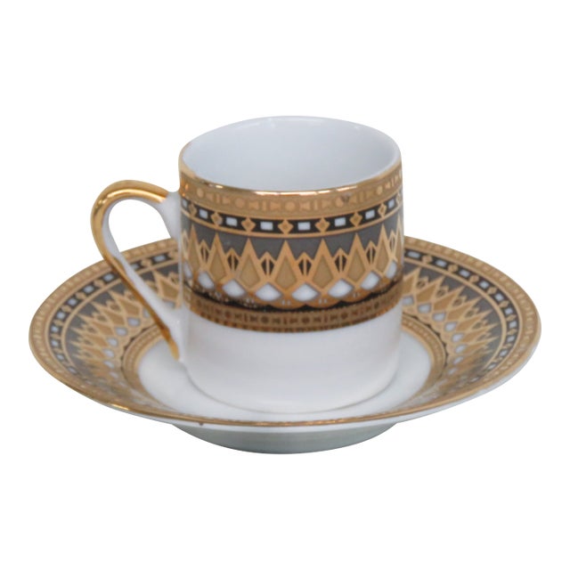 Late 20th Century Yamasen Japan Fine Porcelain Espresso Cup and Saucer 2pc Set Gold Plated For Sale