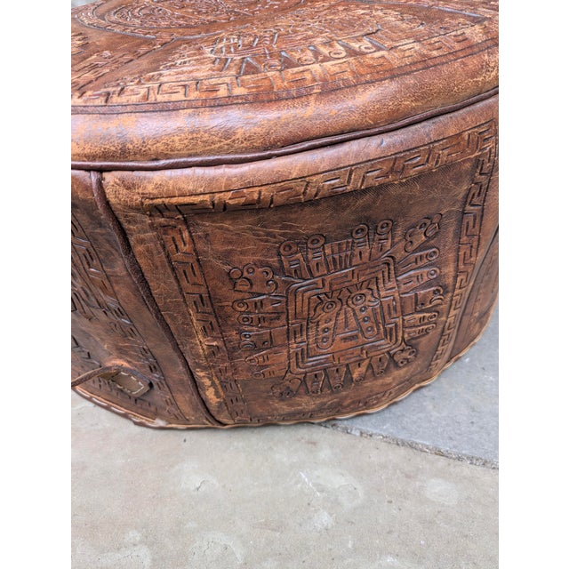 1960s Hand-Tooled Leather Ottoman With Pre-Columbian Motifs For Sale - Image 11 of 12
