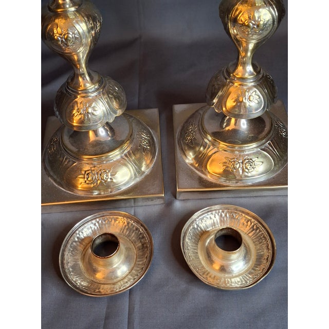 Antique Fraget Warsaw Shabbat Candlesticks Pair No. 4214 Polish Silver Plate 11" For Sale In Boston - Image 6 of 18