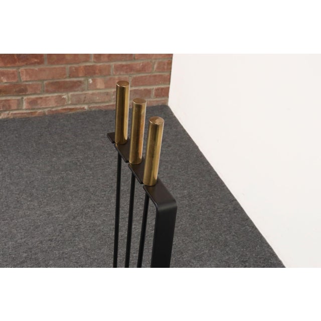 Vintage Modernist Iron and Brass Fireplace Tool Set With Brush, Shovel and Poker For Sale - Image 9 of 17