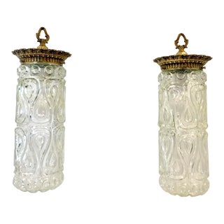 Vintage Mid Century Cylinder Brass and Pressed Glass Pendant Lights - a Pair For Sale