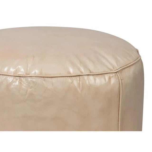 Modern Beige Round Leather Ottoman For Sale - Image 3 of 10