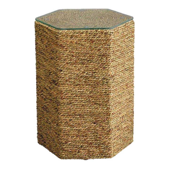 Seagrass & Tempered Glass Peninsula Modern Coastal Side Table | Chairish