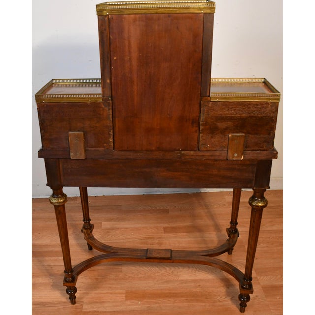 Brown 1900s Antique French Louis XVI Burl Walnut Satinwood Inlay Writing Desk For Sale - Image 8 of 18