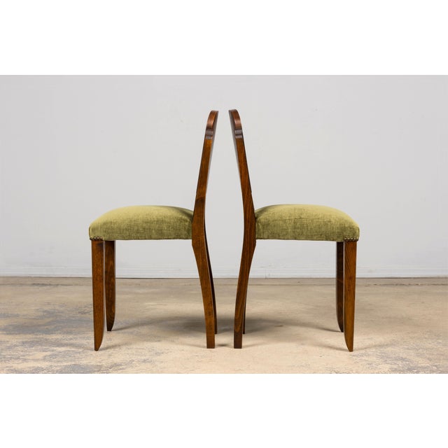 Set of 6 French Art Deco Walnut Dining Chairs in Olive Green Velvet, 1930s For Sale - Image 13 of 18