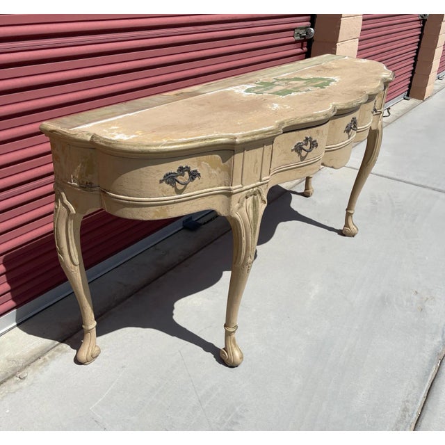 Antique French Louis XV Style Distressed Scalloped Front Console Table For Sale - Image 4 of 13