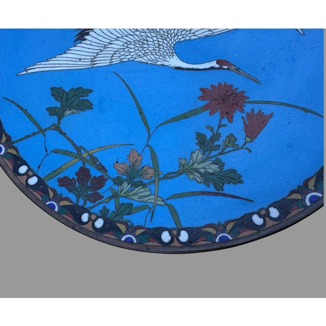 Metal Antique Japanese Meiji Cloisonne Charger Cranes Blue Enamel 12” Plate For Sale - Image 7 of 8