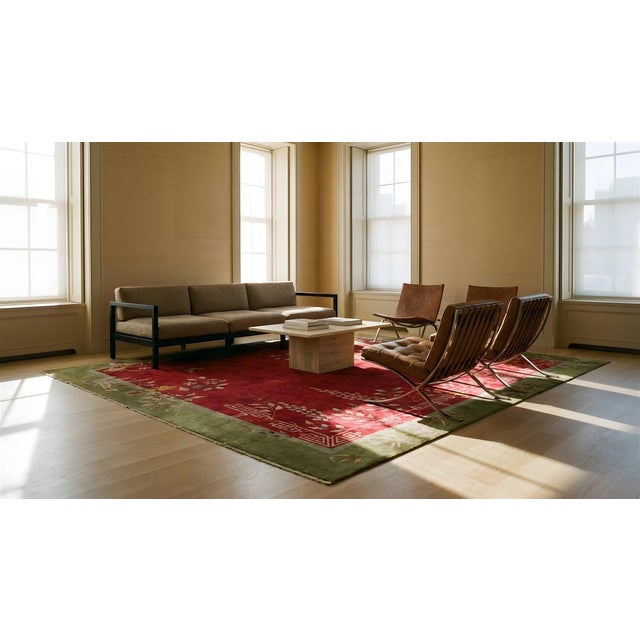 Magistral Red Rust Background and Green Border Color With Floral Design Antique Chinese Art Deco Rug For Sale - Image 15 of 15